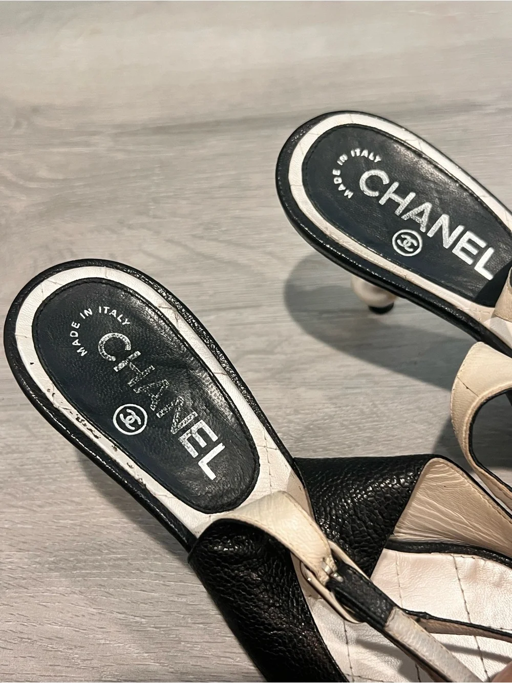 CHANEL Black Open Toe Slingback Pearl Heel